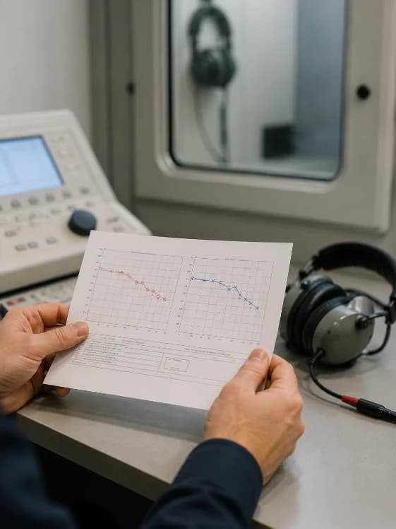 Hands holding an audiogram printout beside an audiometer and a pair of over-ear headphones, both traces sloping downwards at the higher frequencies.