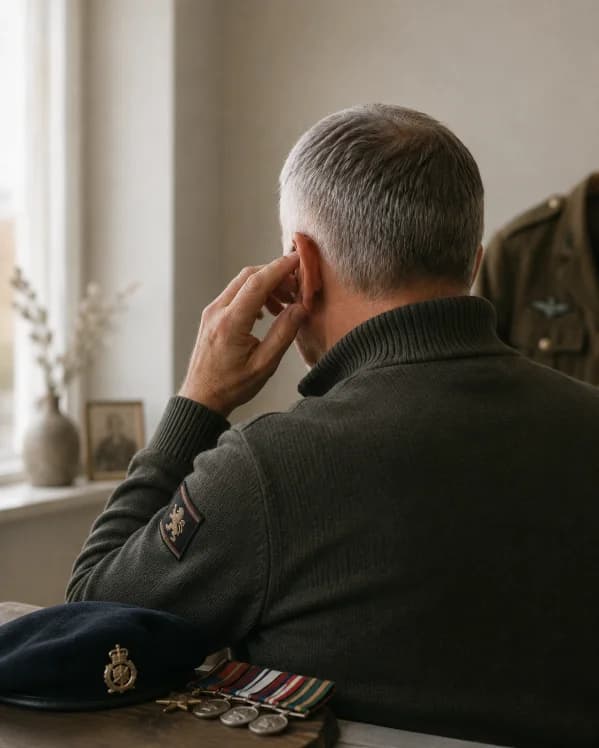 A grey-haired veteran in an olive service jumper sits at a table with a hand raised to his ear, his beret and campaign medals laid out in front of him.